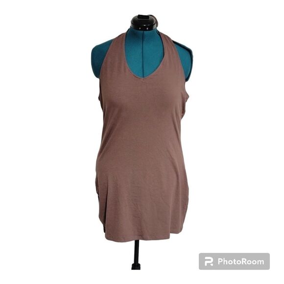 SO Halter V Neck Tunic Blouse Stretchy Fitted Solid Brown Plus Size XXL - Picture 1 of 6